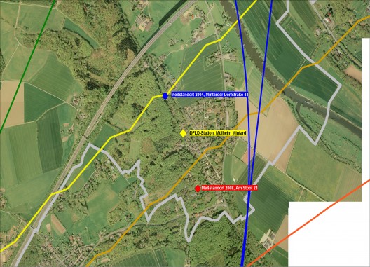 Das Bild zeigt die Lage des Standortes der Fluglärmmessung 2008, den Messstandort der Messung 2004 sowie den Standort der Vom Netzwerk gegen Fluglärm betriebenen Station wieder