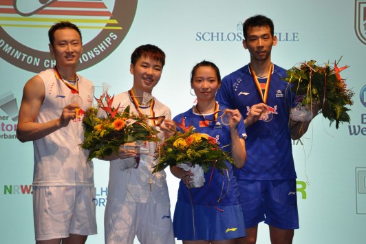 Yonex German Open 2017: Olympiasieger Zhang Nan, Li Yinhui, Huang Yaqiong, Lu Kai.
