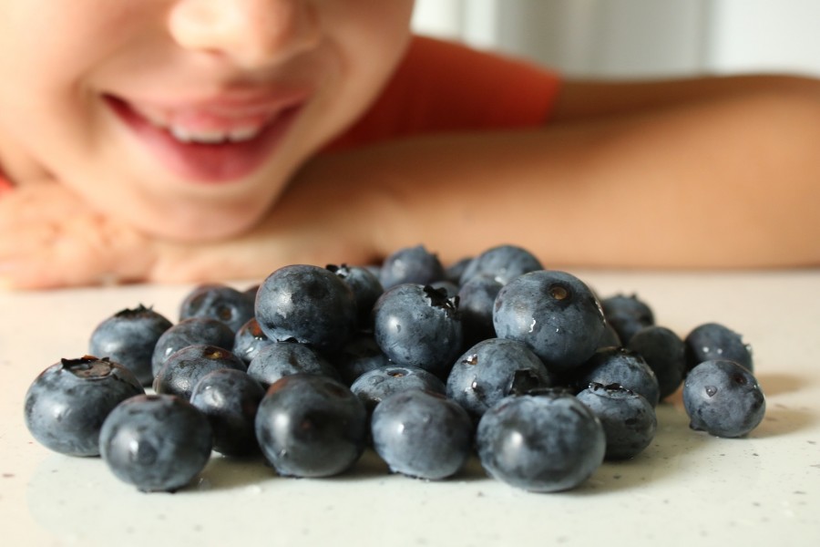 Bildausschnitt zeigt eine Portion Blaubeeren, im Hintergrund ist der lachende Mund eines kleinen Jungen zu sehen. Gesundheitsförderung - Bild von malhap auf Pixabay