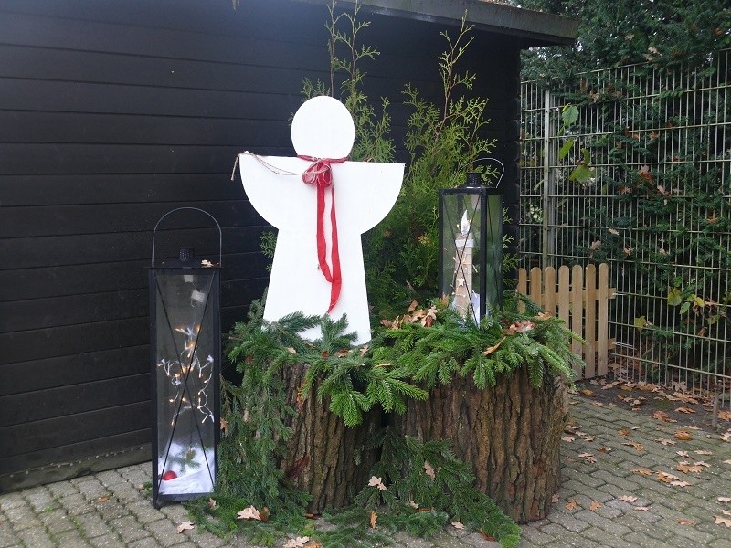 Archepark wieder weihnachtlich geschmückt: Am Eingang begrüßt ein weißer Engel die Besucherinnen des Tiergeheges - Dieter Klein