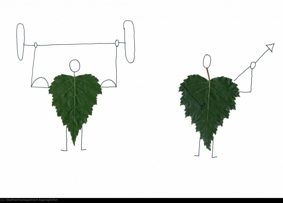 Naturerlebniswoche 2021 - Naturfiguren Das Bild zeigt zwei Strichfiguren deren Körper ein Birkenblatt ist. - (c) Stadtteilmanagement Eppinghofen
