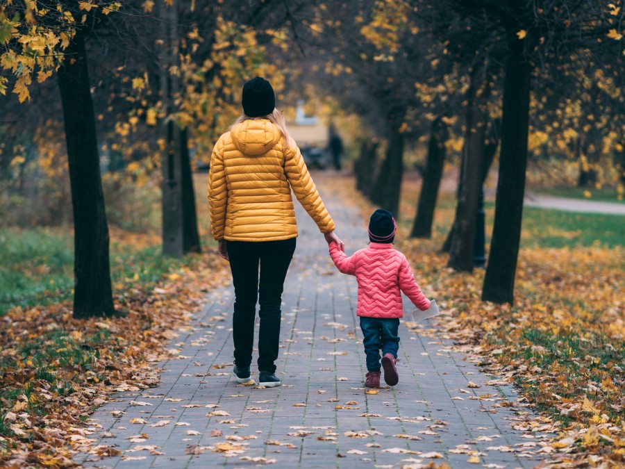 Frau mit kleiner Tochter an der Hand beim Spaziergang im Park, Laub liegt auf dem Weg. Alleinerziehende, Eltern, Mütter, Väter - Photo by Krzysztof Kowalik on Unsplash