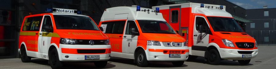 Notarzteinsatzfahrzeug, Krankentransportwagen und Rettungswagen der Feuerwehr Mülheim