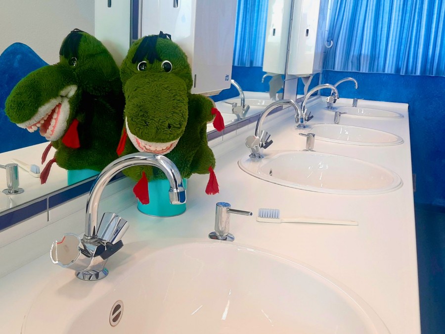 Ein Drache mit einem Gebiss sitzt als Stofftier auf einem Waschbecken im Mundhygienezentrum. Neben ihm liegt eine Zahnbürste. - Gesundheitsamt - N.Steiner