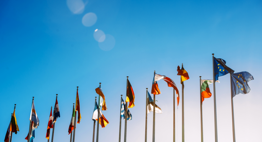 Europaflaggen, Ländergemeinschaft, Städtepartnerschaften, Fahnen, Union: Das Foto zeigt die Flaggen der Europäischen Gemeinschaft gegen blauen Himmel. - Canva