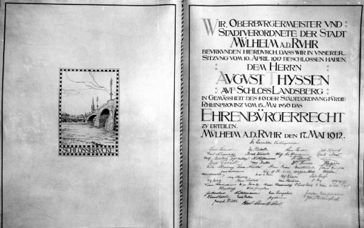 Die Ehrenbürgerurkunde für den Mülheimer Unternehmer August Thyssen vom 17. Mai 1912
