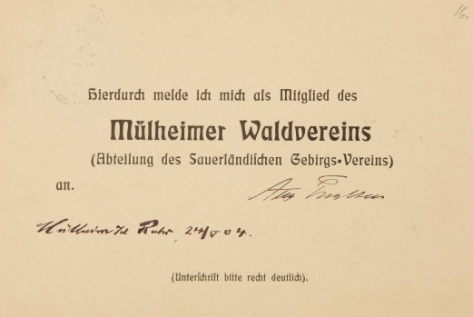 Von August Thyssen ausgefüllter Vordruck im Postkartenformat zur Anmeldung beim Mülheimer Waldverein (1904)