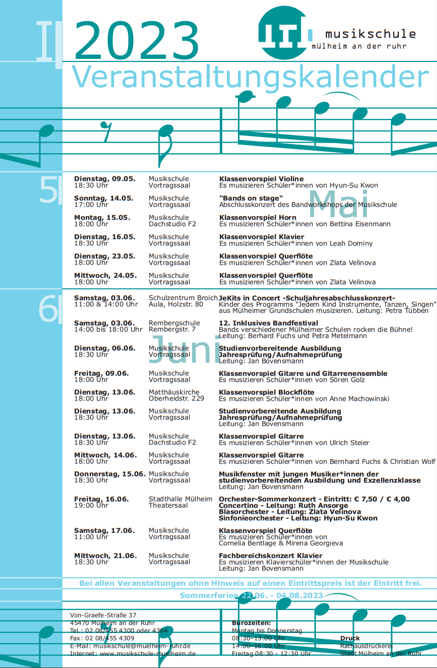 Abgebildet ist der Veranstaltungskalender der Musikschule für die Monate Mai bis Juni 2023 - Musikschule