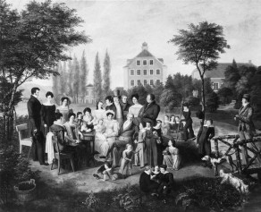 Troostsches Familienbild, Ölgemälde von 1828 (in der Mitte das Fabrikgebäude der Spinnerei)