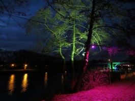 Winterleuchten an der Ruhrpromenade: Die Bäume am Ruhrufer und die historische Eisenbahnbrücke werden mit farbigem Licht in Szene gesetzt.