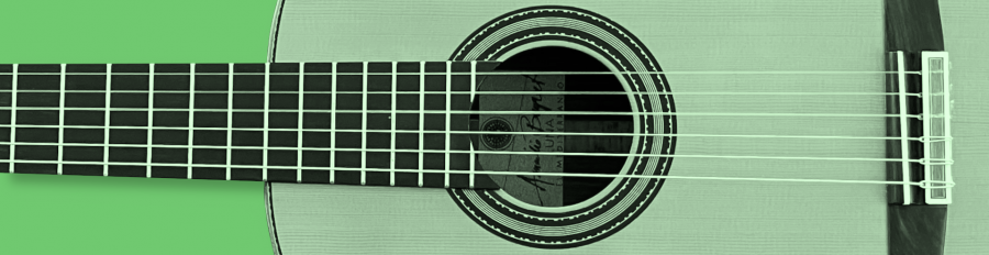 Das Bild zeigt einen Ausschnitt einer Gitarre mit grünem Hintergrund. - Holger Koch  Musikschule