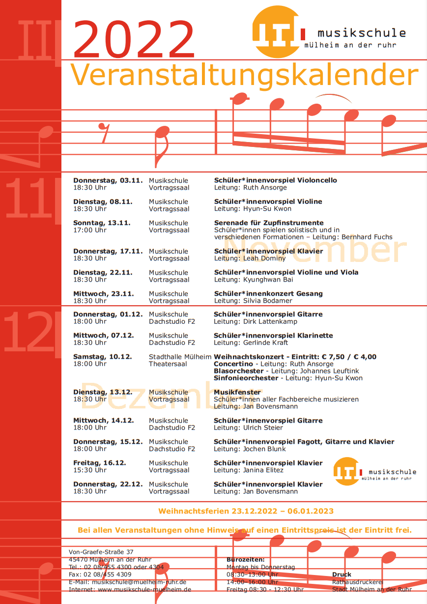 Veranstaltungskalender der Musikschule für die Monate September bis Dezember 2022 (Blatt 2). - Musikschule Mülheim