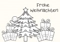 Postkartenaktion zu Weihnachten 2020: Das Bild zeigt eine Malvorlage mit einem Lebkuchenmann, einem Weihnachtsbaum und Geschenkpaketen mit Schriftzug Frohe Weihnachten. - Quelle/Autor: Onlineteam