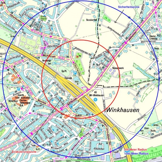 Bombenfund: Sicherheitszonen - blauer und roter Kreis - Dümpten, Oberheidstraße