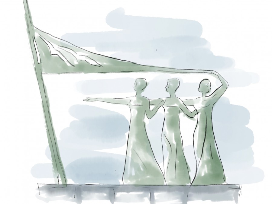 Skizze der Skulptur Lebensfreude. Drei Frauen halten eine Fahne hoch. Gleichstellungsstelle - Gleichstellungsstelle/Thomas Albrecht/ Das Bild ist Eigentum der Gleichstellungsstelle und nicht zur freien Verwendung freigegeben.