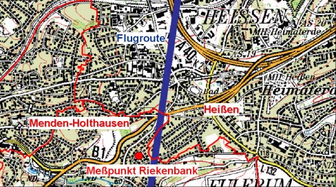 Fluglärmmessung Mülheim-Heißen 2007, Lage des Meßstandortes (Stadtplan)