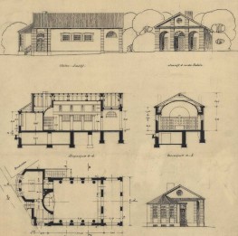 Zeichnung der Grundrisse und Ansichten der Trauerhalle auf dem Altstadtfriedhof
