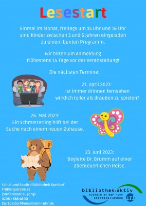 Flyer für die Veranstaltung Lesestart in der Schul- und Stadtteilbibliothek Speldorf - J. Hinz