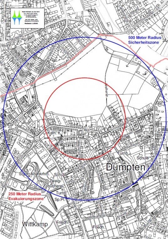 Bombenentschärfung in Dümpten: Evakuierungs- und Sperrmaßnahmen im Bereich Talstraße erforderlich. Roter Kreis (250 Meter Radius) und Blauer Kreis (500 Meter Radius)
