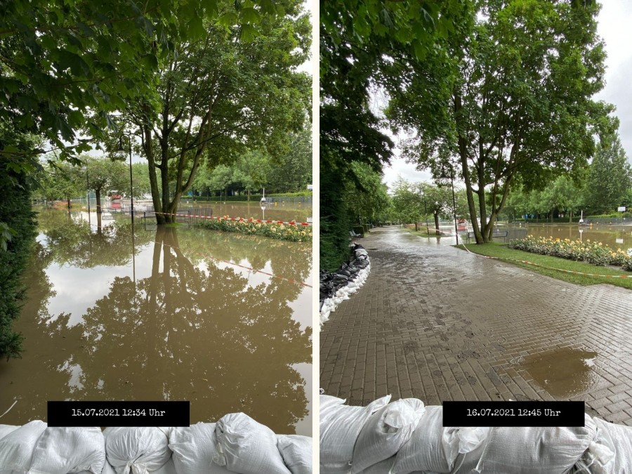 Die Fotos zeigen verschiedene Aufnahmen der vom Hochwasser betroffenen Bereiche im Mülheimer Stadtgebiet. Hier Ruhranlagen. - Sarah Sternol
