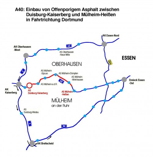 Karte: Einbau von offenporigem Asphalt zwischen DU-Kaiseerberg und Mülheim-Heißen in Fahrtrichtung Dortmund