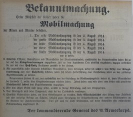 Bekanntgabe der Mobilmachung in der Mülheimer Zeitung vom 1. August 1914 und somit Beginn des Ersten Weltkriegs für Deutschland
