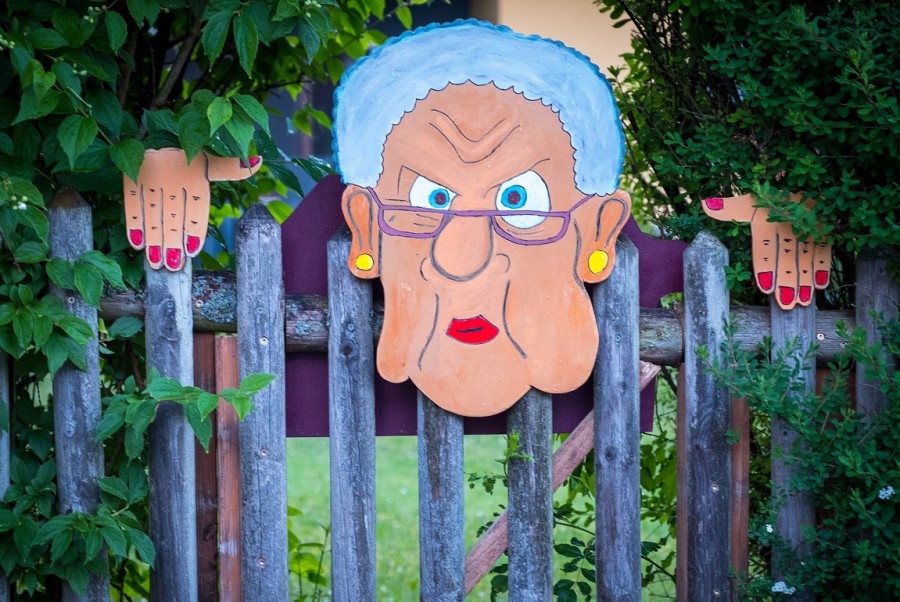 Gartenzaun mit grimmiger Frau. Nachbarschaftsstreit, Streit unter Nachbarn, Nachbarschaftsrecht - Pixabay