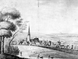 Der Mülheimer Kirchenhügel vom Lohscheidt aus gesehen, um 1850 (Foto nach einem Aquarell)