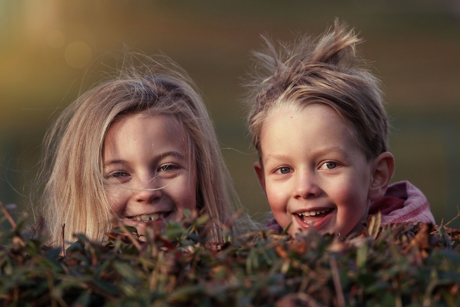 Kinder lachen hinter einer Hecke. Kindertagespflege, Eltern, Informationen rund um die Kinderbetreuung. - Pixabay