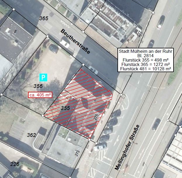 Grundstücksplan ehemaliges Bürgermeisteramt, Mellinghofer Straße 275 mit einer Grundstücksfläche von rund 405 Quadratmetern (m) und einer Nettogrundfläche von circa 870 m. Die Kauffläche ist im Luftbild rot schraffiert dargestellt. - Immobilienservice