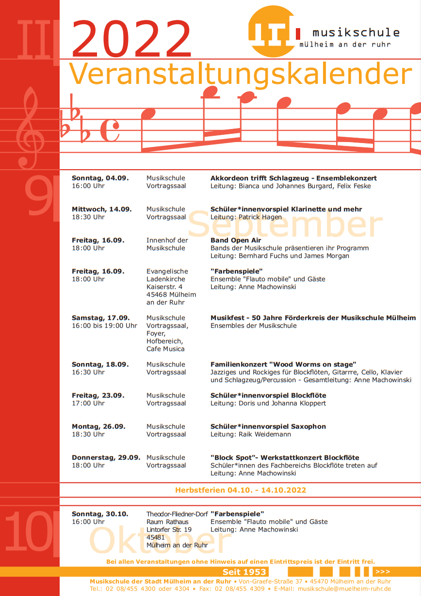 Veranstaltungskalender der Musikschule für die Monate September bis Dezember 2022 (Blatt 1). - Musikschule Mülheim