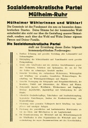 So warb die Sozialdemokratische Partei für die Kommunalwahl am 13. Oktober 1946 um die Stimmen der Mülheimer*innen. (Vorderseite) - Quelle/Autor: Stadtarchiv
