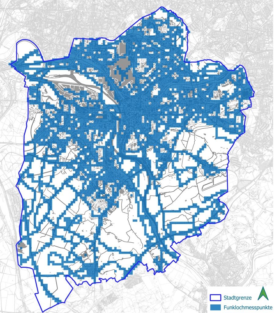 Karte vom Stadtgebiet Mülheim an der Ruhr mit den Funklochmesspunkten, die bei der Mobilfunkwoche im Sommer 2023 ausgewertet wurde. - Florian Gerstmann, Amt für Geodaten, Kataster und Wohnbauförderung (Amt 62)