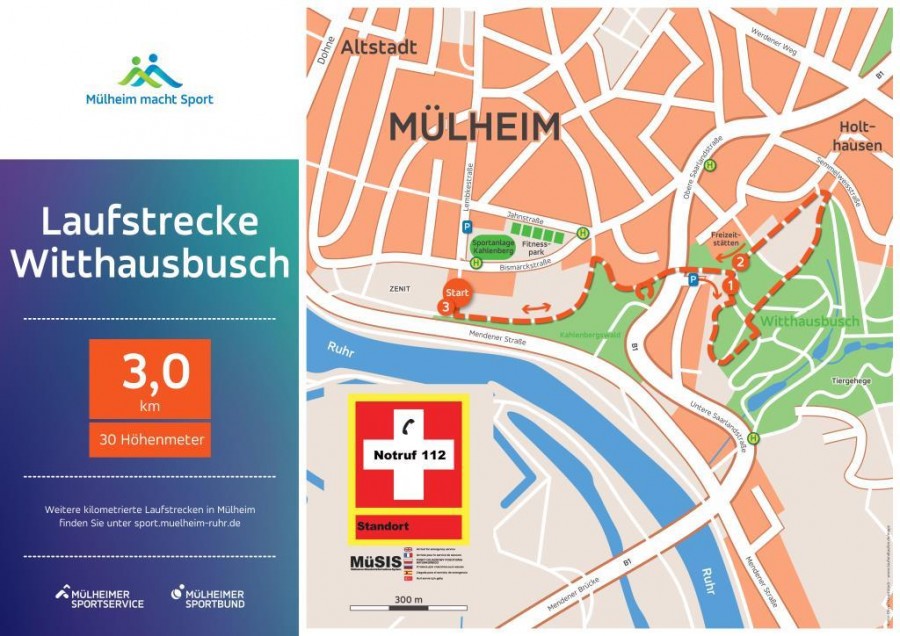 Darstellung der kilometrierten Laufstrecke im Witthausbusch - Mülheimer SportService