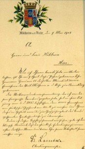 Urkunde für den 100.000 Einwohner Hans Hermann Höhborn, ausgestellt von Mülheims Oberbürgermeister Dr. Paul Lembke
