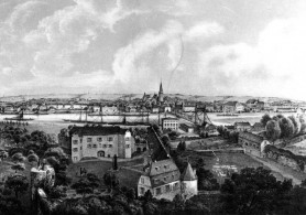 Ansicht des Broicher Ruhrufers mit Schloss Broich (Lithographie, 1855)