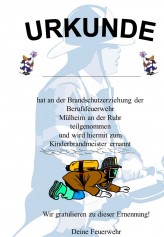 Urkunde für die Teilnahme an der Brandschutzerziehung bei der Berufsfeuerwehr Mülheim an der Ruhr