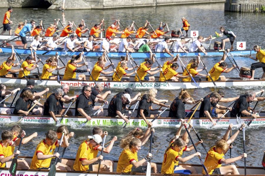 Das Drachenboot-Festival wartet am Samstag, 9. September und Sonntag, 10. September mit über 80 hochmotivierten Teams auf, die sich in zahlreichen Rennen in der schönen Ruhrarena zwischen Schloß- und Eisenbahnbrücke den Sieg erpaddeln wollen. - Mülheimer Stadtmarketing und Tourismus GmbH (MST) - PR-Fotografie Köhring