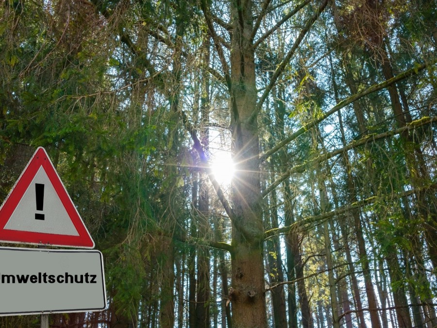Verkehrszeichen Achtung Umweltschutz in einem Wald. Naturschutz, Feinstaubbelastung, Umweltzonen - Canva