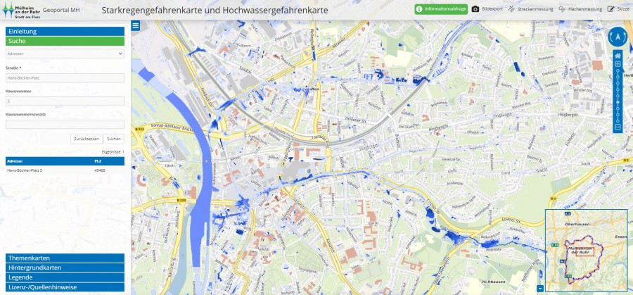 Ausschnitt der Starkregengefahrenkarte. Erreichbar über das Geoportal der Stadt Mülheim an der Ruhr. - Stadt Mülheim an der Ruhr