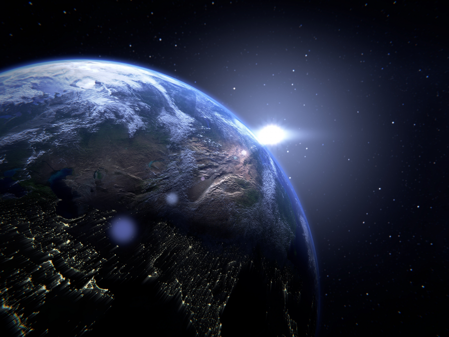 Grafik: Blick aus dem Weltall auf den blauen Planeten Erde. Im Hintergrund sind Sterne zu sehen. - Canva / ColiN00B von Pixabay