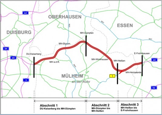 Plan: Sechsstreifiger Ausbau der A40 zwischen dem AK Kaiserberg und der AS Essen-Frohnhausen