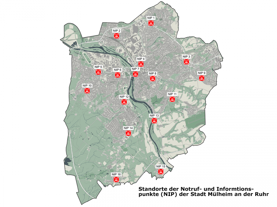 Standorte der 16 Notruf- und Informationspunkte im Stadtgebiet von Mülheim an der Ruhr - Amt für Brandschutz Rettungsdienst, Zivil- und Katastrophenschutz