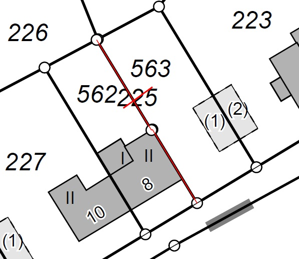 Das stellt eine Grundstücksteilung dar. Aus dem Flurstück 225 wurden die beiden Teilflächen 562 und 563 gebildet.