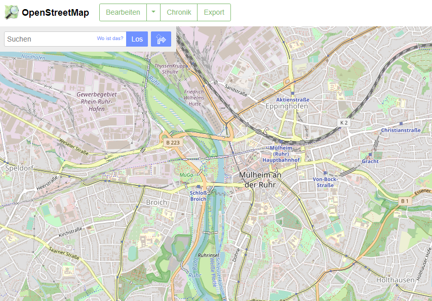 Ausschnitt der Open Street Map von Mülheim an der Ruhr - Open Street Map - Online Redaktion