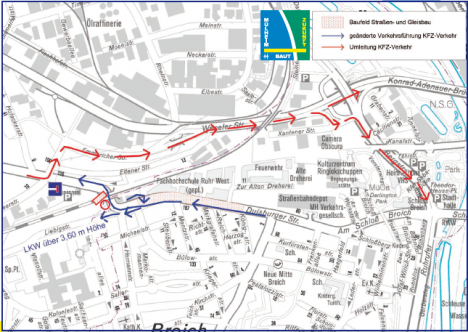 Gleis- und Straßenbau Duisburger Straße. Kartengrundlage: Stadtplanung RVR