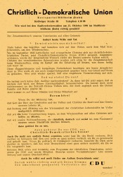 So warb die Christlich-Demokratische Union für die Kommunalwahl am 13. Oktober 1946 um die Stimmen der Mülheimer*innen. (Vorderseite) - Quelle/Autor: Stadtarchiv