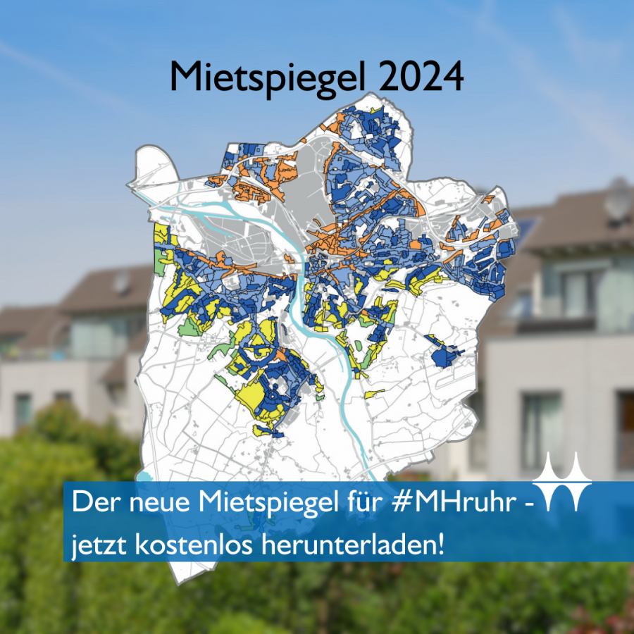 Eine Wohnkarte der Stadt Mülheim an der Ruhr ist abgebildet sowie der Schriftzug Mietspiegel 2024 und Der neue Mietspiegel für MHruhr - jetzt kostenlos herunterladen - Canva / Karte: Stadt Mülheim an der Ruhr