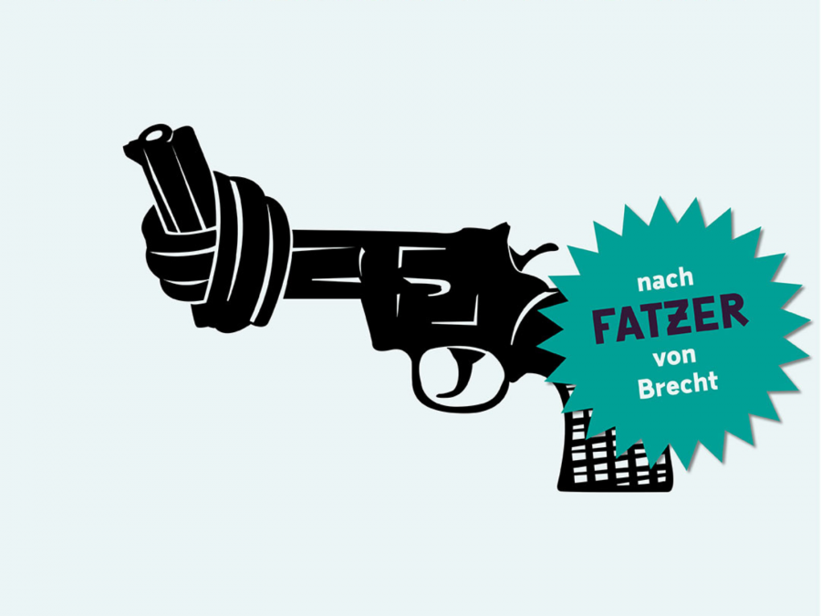 Auf dem Bild ist eine verknotete Pistole abgebildet sowie der Schriftzug nach Fatzer von Brecht. Im oberen Teil befindet sich die Überschrift Ein Mensch wie ihr. - Sputnic.tv
