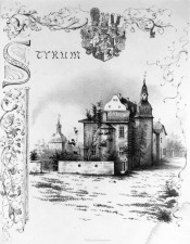 Skizzierte Ostansicht des Schlosses mit ehemaligem Kapellenanbau und Treppenturm (um 1866)